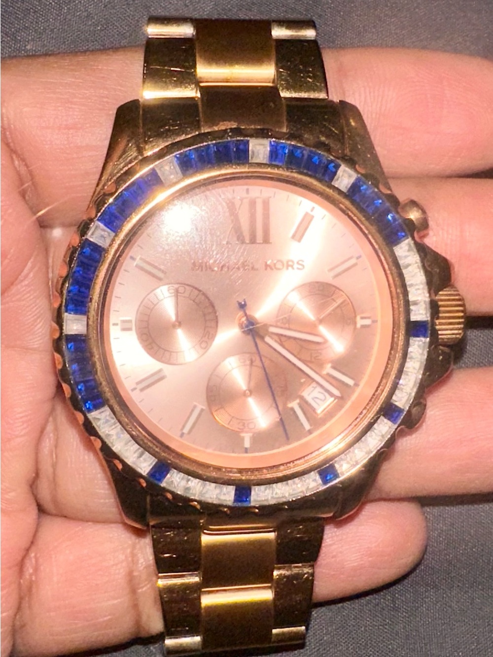 Michael Kors Rose Gold Men's Chronograph Watch with Blue Bezel